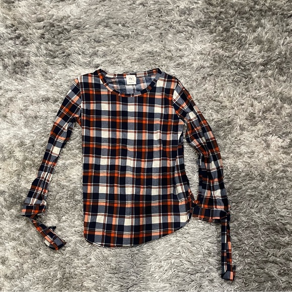 Plaid Long Sleeve Top - Navy, Orange, White - Picture 1 of 3